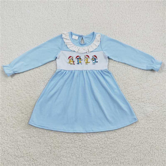 RTS NO MOQ（In Stock) GLD0328 Embroidered Christmas cartoon blue long-sleeved dress
