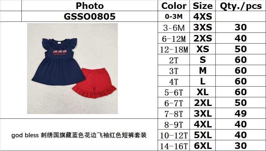 rts no moq GSSO0805 god bless embroidered national flag navy blue lace flying sleeves red shorts suit