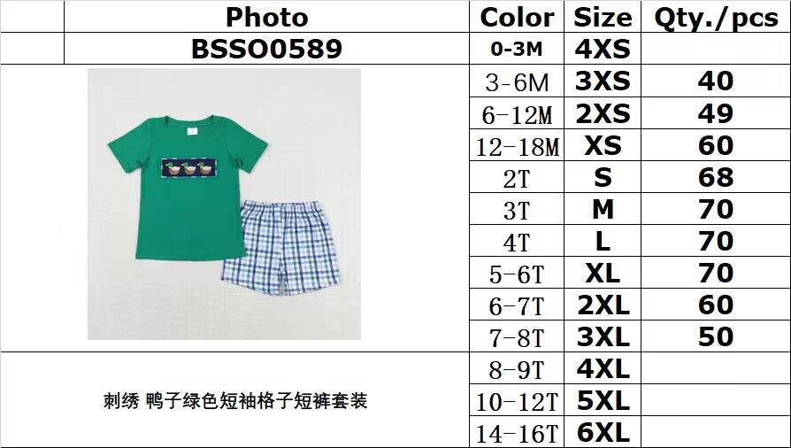 rts no moq BSSO0589 Embroidered duck green short-sleeved plaid shorts suit