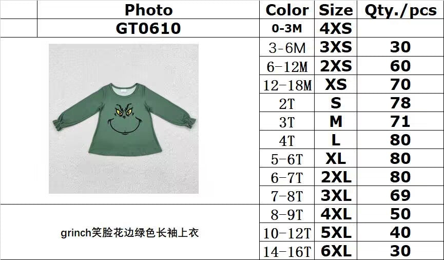 RTS NO MOQ ETA 5/7days arrived GT0610 Grinch smiley face lace green long-sleeved top