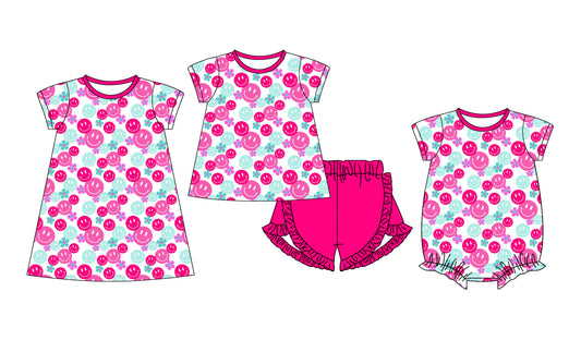 1.13 custom each style moq 5eta 4-6week Sibling Sisters smiley baby girl short sleeve shorts sets and dress and rompers match family design