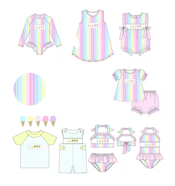 5.14custom each style moq 5eta 4-5week Sibling Sister ice cream print color girls and boys outfit swimsuit match family design