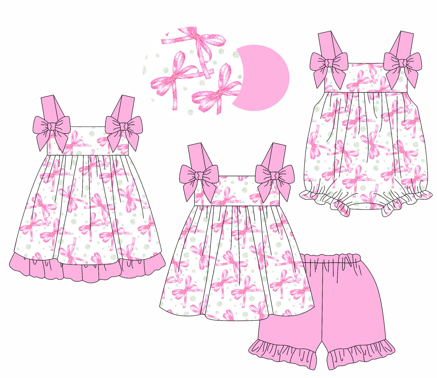 1.17 custom each style moq 5eta 4-6week Sibling Sisters bow baby girl short sleeve shorts sets and dress and rompers match family design