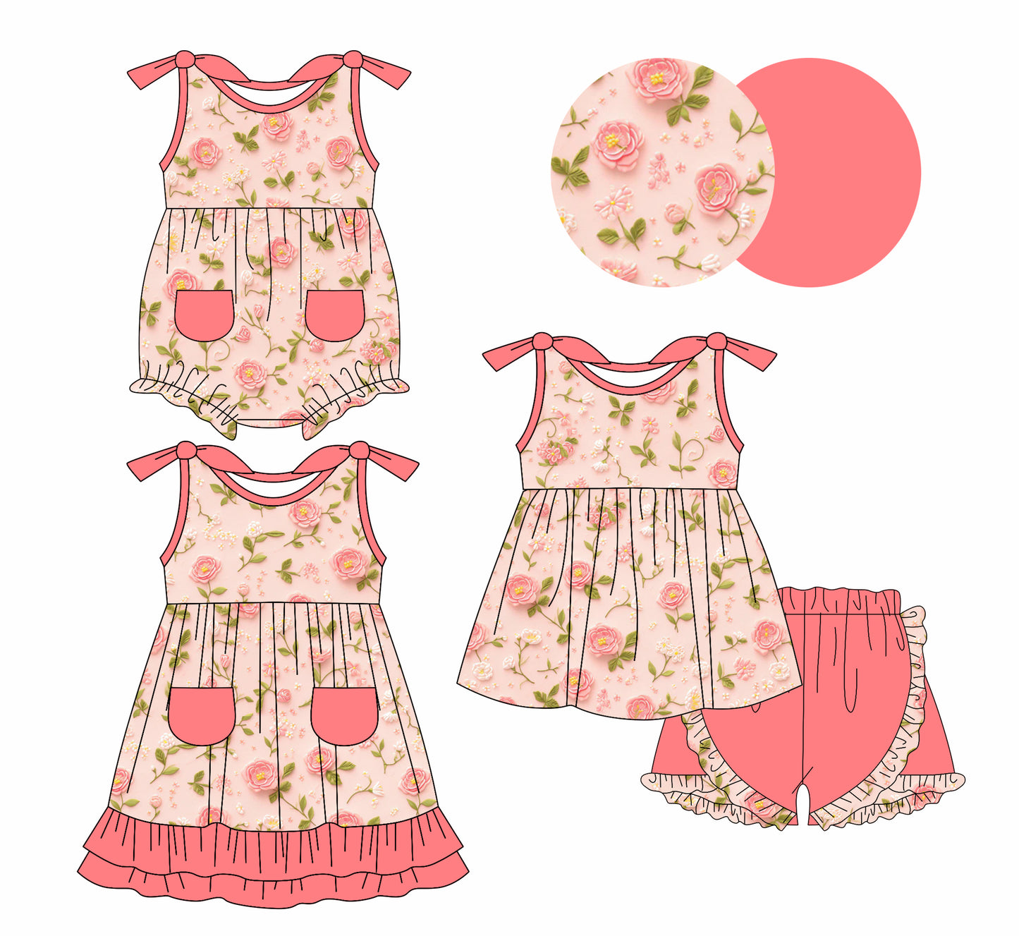 1.9 custom each style moq 5eta 4-6week Sibling Sister floral baby girl short sleeve shorts sets and dress and rompers match family design