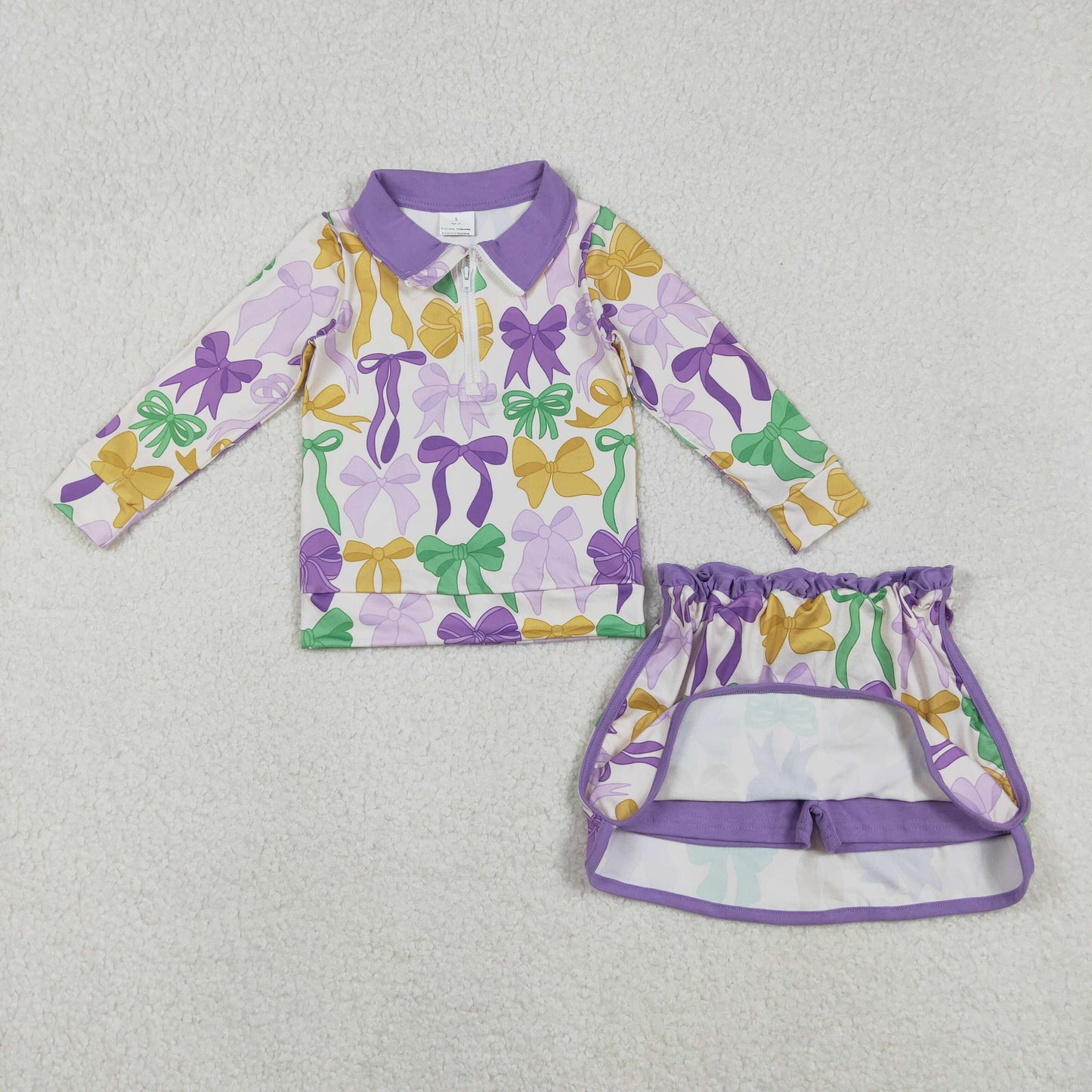 RTS NO MOQ（In Stock) GLD1333 Carnival bow pattern purple zip-up long-sleeved skirt set