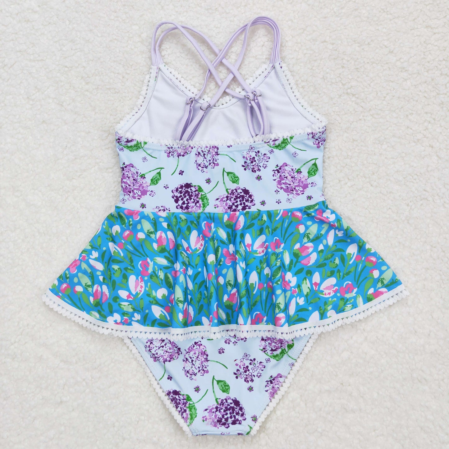 S0246 Purple flower lace teal one-piece swimsuit with straps