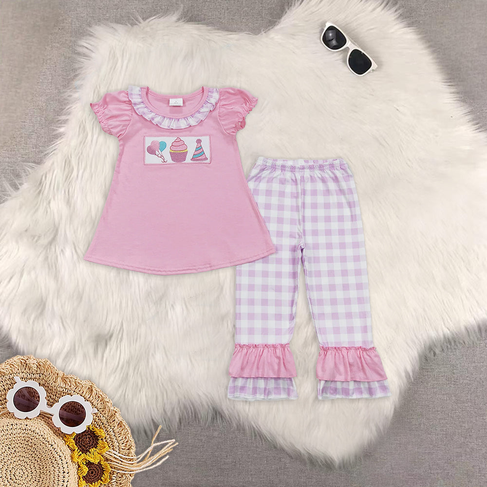 RTS NO MOQ  Gift Box-Birthday Hat-Cake Pattern Short Sleeve Suit & Dress & Top