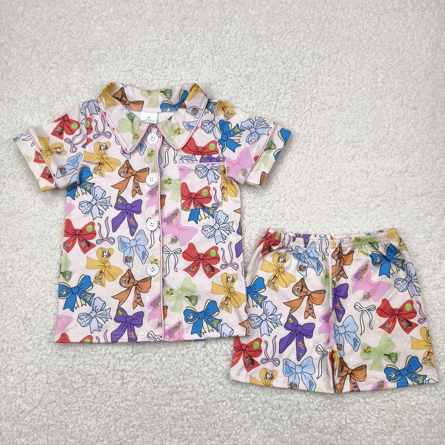 RTS NO MOQ GSSO2321 Cartoon character colorful bow pattern short-sleeved shorts pajama set