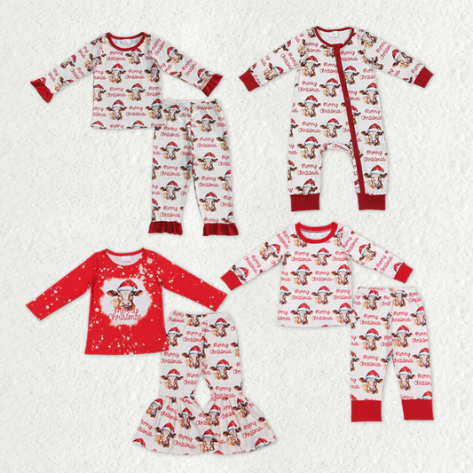 RTS NO MOQ Sibling Baby girls boy clothes Christmas cow long-sleeved trousers suit & rompers（