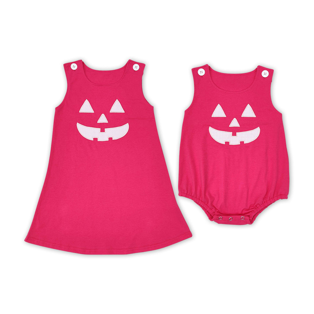 RTS NO MOQ Halloween face smiley embroidery pink embroidered skirt romper