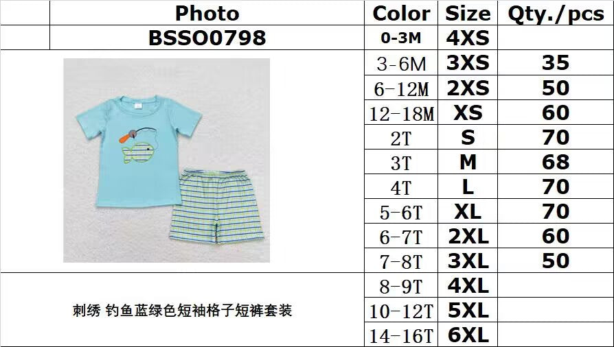 BSSO0798 Embroidered fishing teal short-sleeved plaid shorts suit