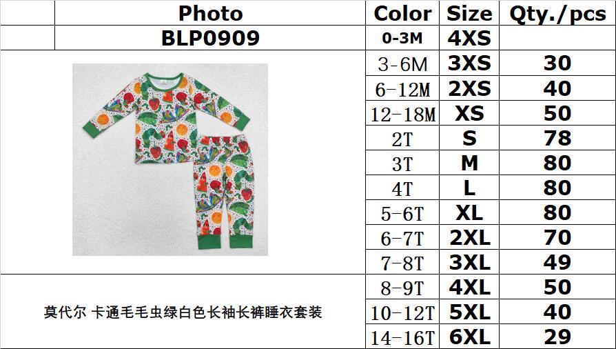 BAMBOO RTS NO MOQ ETA 5/7days Arrived BLP0909 Modal cartoon caterpillar green and white long-sleeved trousers pajamas set