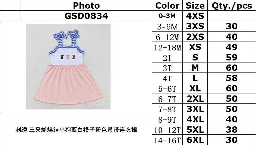 GSD0834 Embroidery three bow puppies blue and white plaid pink suspender dress