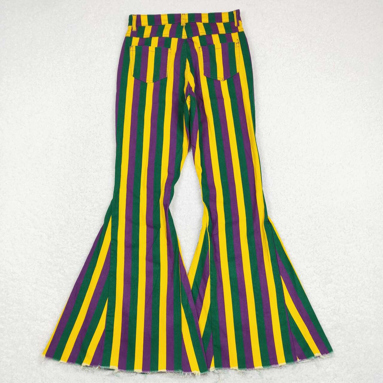 RTS NO MOQ Adults women and Baby Girls green, yellow and purple vertical striped denim flared pants