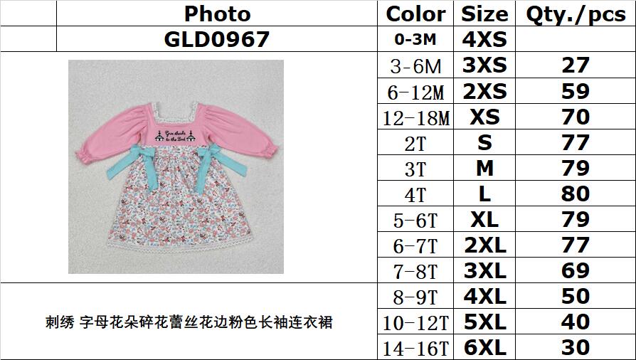 RTS NO MOQ ETA 5/7days arrived GLD0967 Embroidered letter flower floral lace pink long-sleeved dress