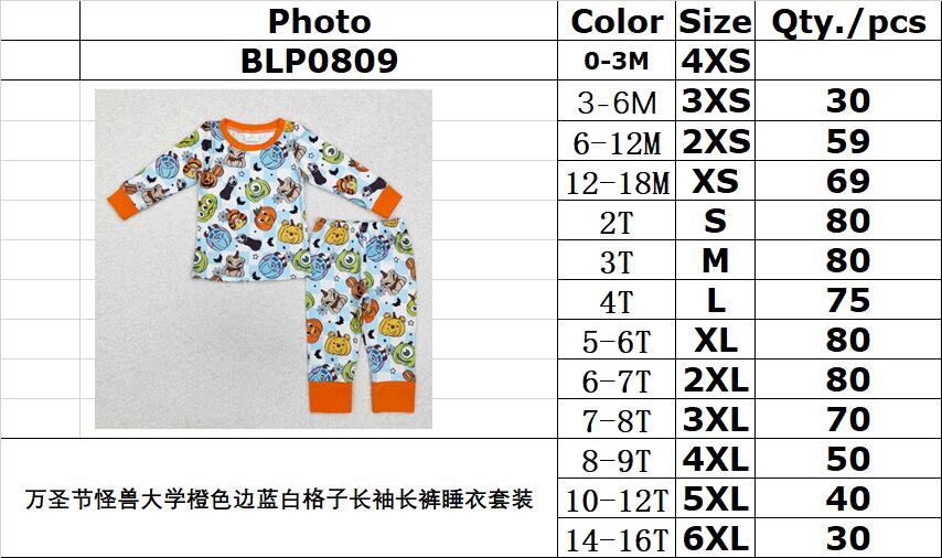 RTS NO MOQ ETA 5/7days BLP0809 Halloween Monsters University orange edge blue and white plaid long sleeve trousers pajama set