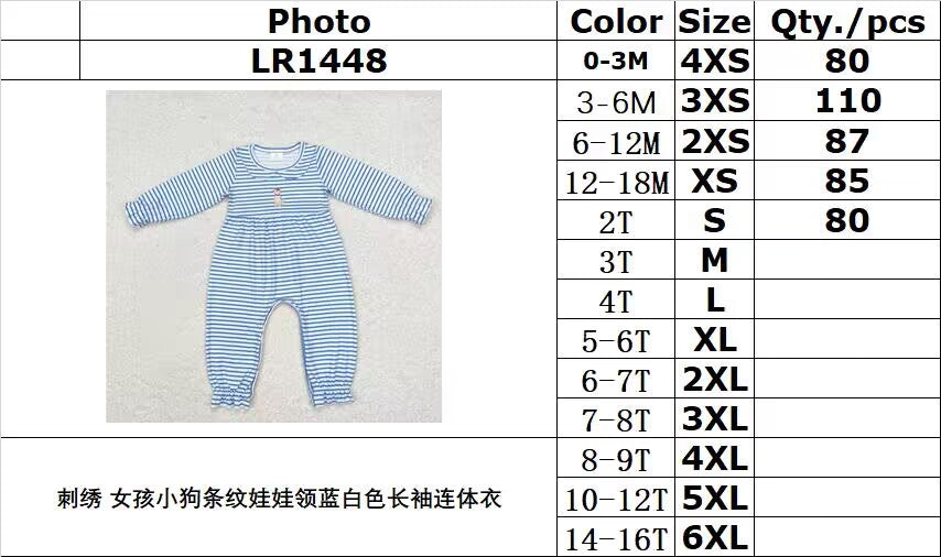 RTS NO MOQ ETA 5/7days Arrived LR1448 Embroidery girl puppy striped doll collar blue and white long sleeve jumpsuit