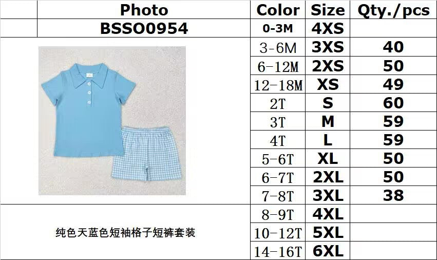 rts no moq BSSO0954 Solid Sky Blue Short Sleeve Plaid Shorts Set