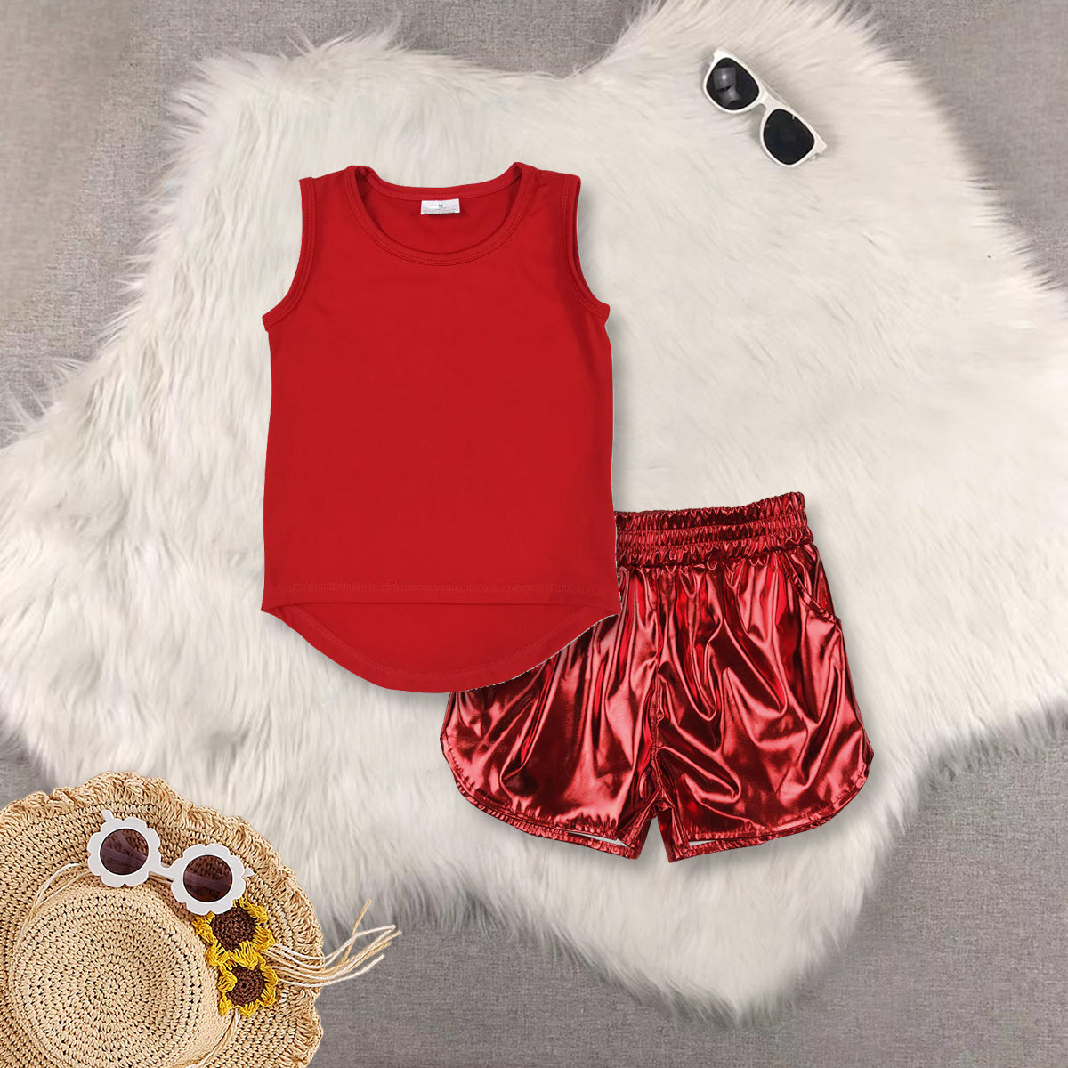 RTS NO MOQ Sibling Girls yoga pure red short sleeve Clothes Sets and top and shorts