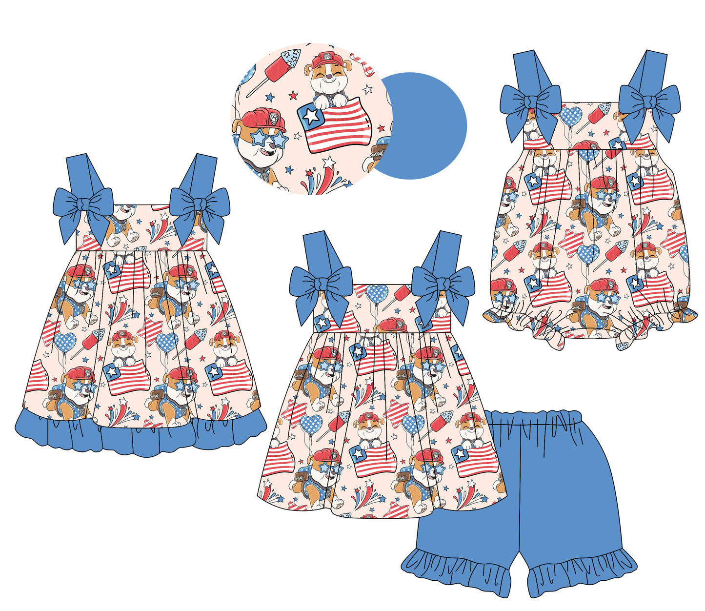 1.18 custom each style moq 5eta 4-6week Sibling Sisters flag baby girl short sleeve shorts sets and dress and rompers match family design