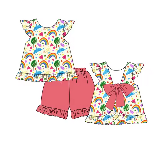 5.10custom each style moq 5eta 4-5week Sibling Sister rainbow tree print red girls set baby and baby rompers match family design