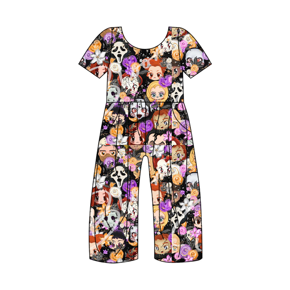 5.2custom each style moq 5eta 4-5week Sibling Sister Halloween scary cartoon character prints black girls jumpsuits and dress and baby romper match family design