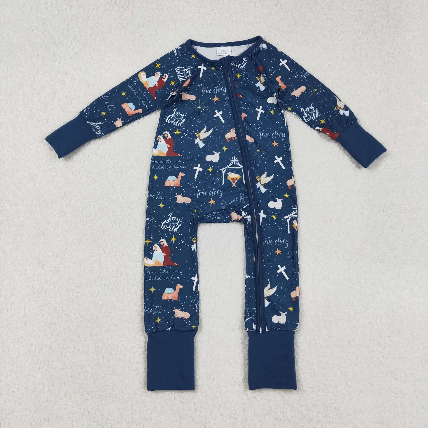 RTS NO MOQ（In Stock) LR2504 World Jesus Blue Zipper Long-Sleeved Bodysuit
