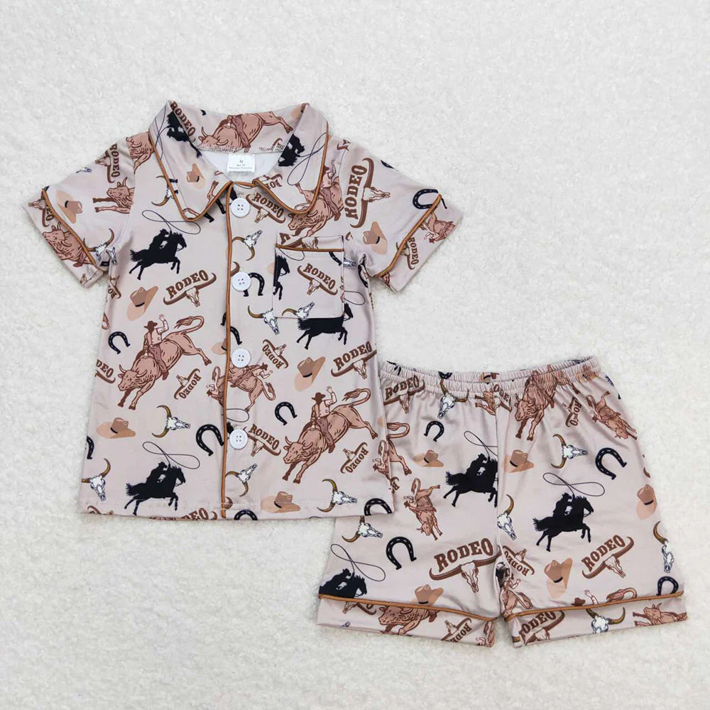 Baby Boys Grey Rodeo Horse Shirt Buttons Top Shorts Brother Romper Pajamas Clothes Sets