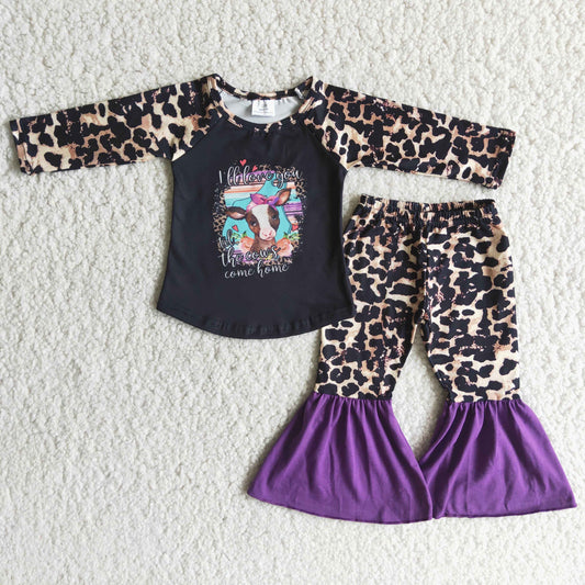 6 A1-14 Bull Head Letter Top Leopard Purple Flared Pants Set