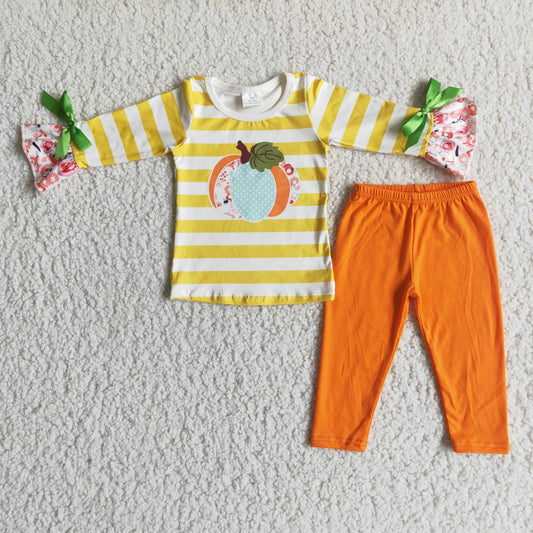 6 A10-14 Pumpkin Yellow Striped Long Sleeve Pants Suit