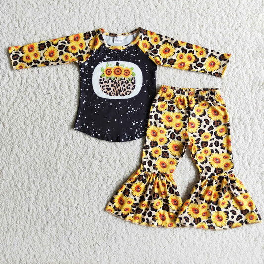 6 A10-19 Leopard Print Pumpkin Sunflower Long Sleeve Trouser Set