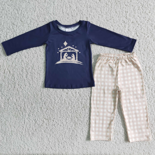 6 A11-1 Boys Dark Blue Long Sleeve Jesus Top Plaid Pants