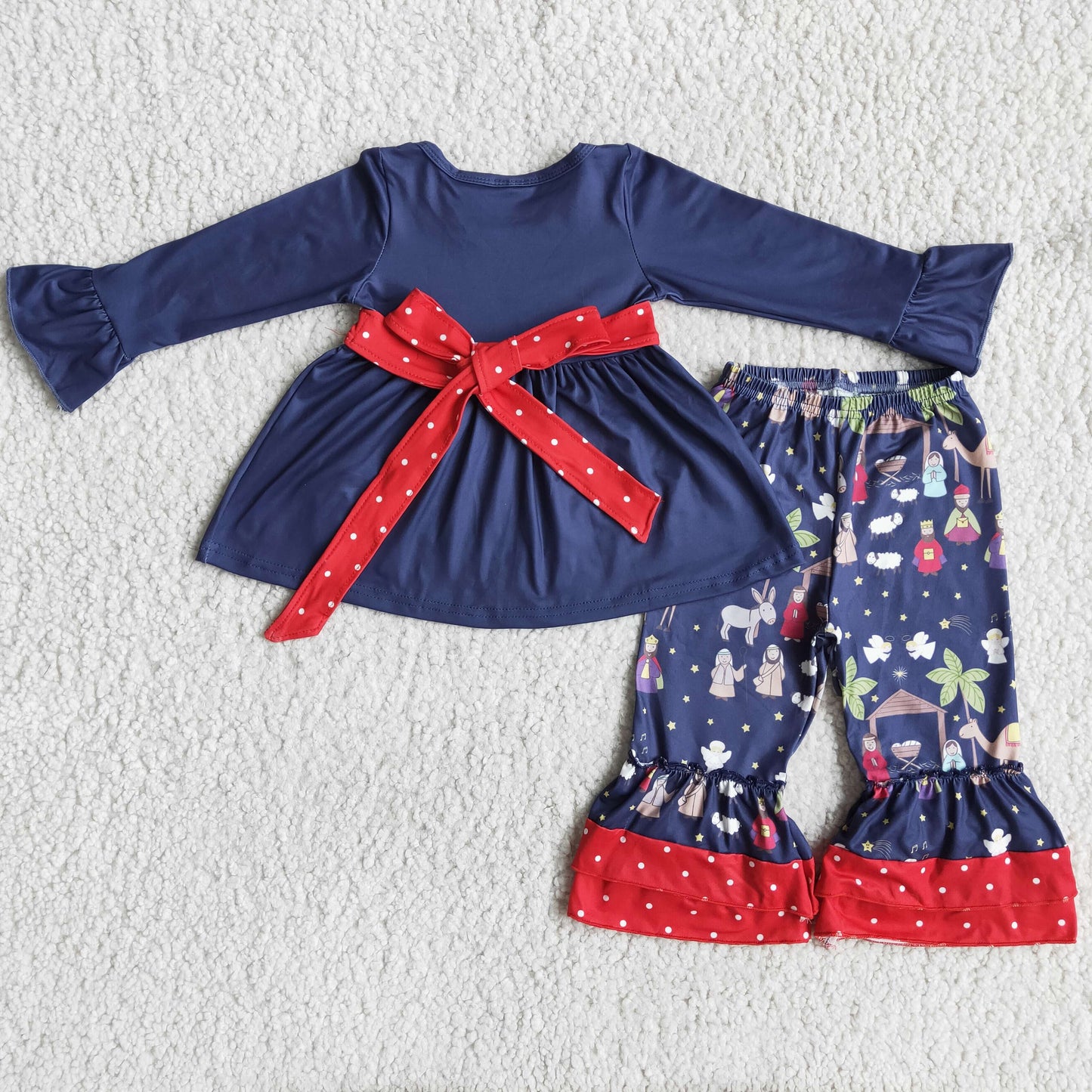 RTS NO MOQ ETA 5/7days arrived 6 A12-17 Girls blue long-sleeved Jesus Christmas pants suit