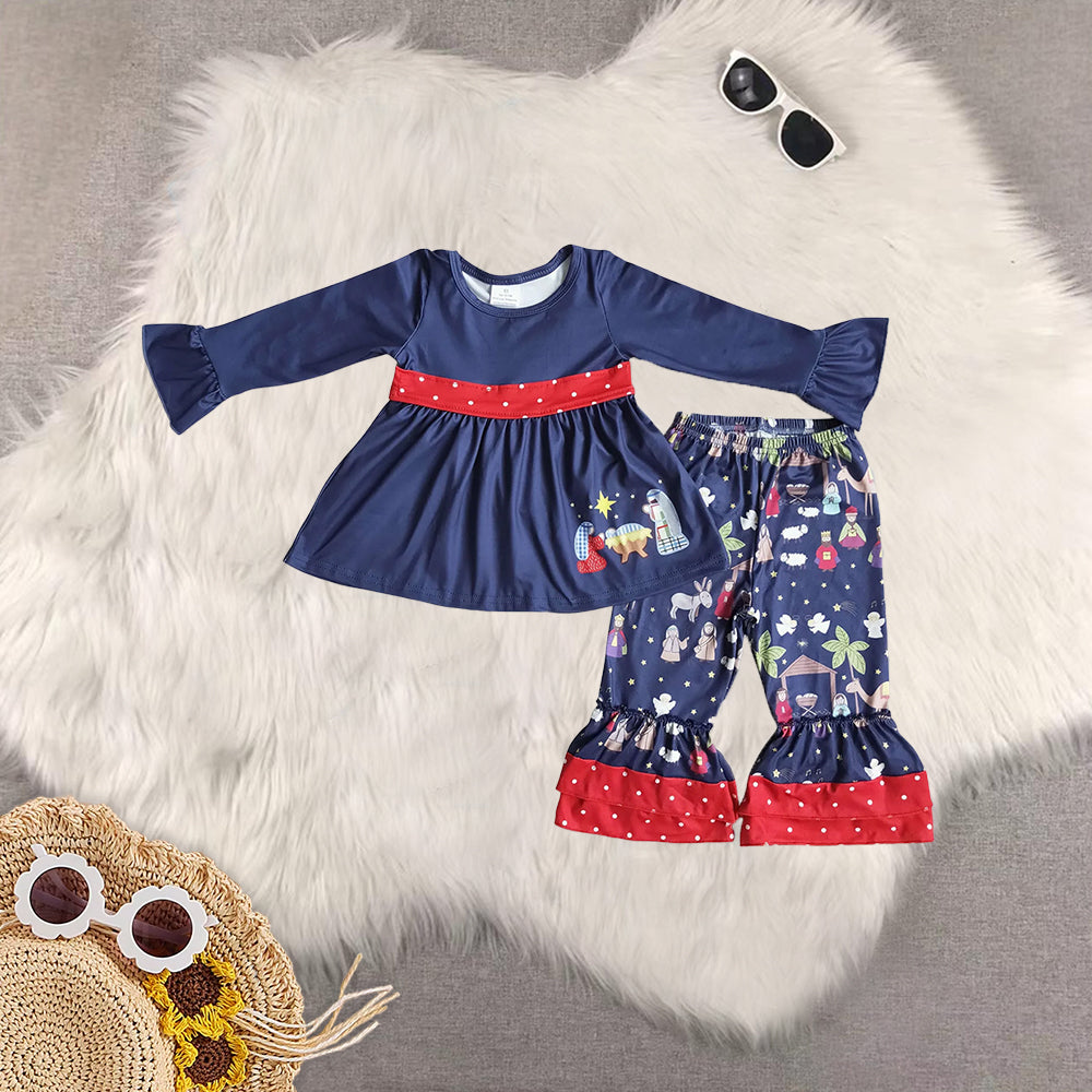 RTS NO MOQ Sibling Baby Girls Christmas trees Long Sleeve Pants Set