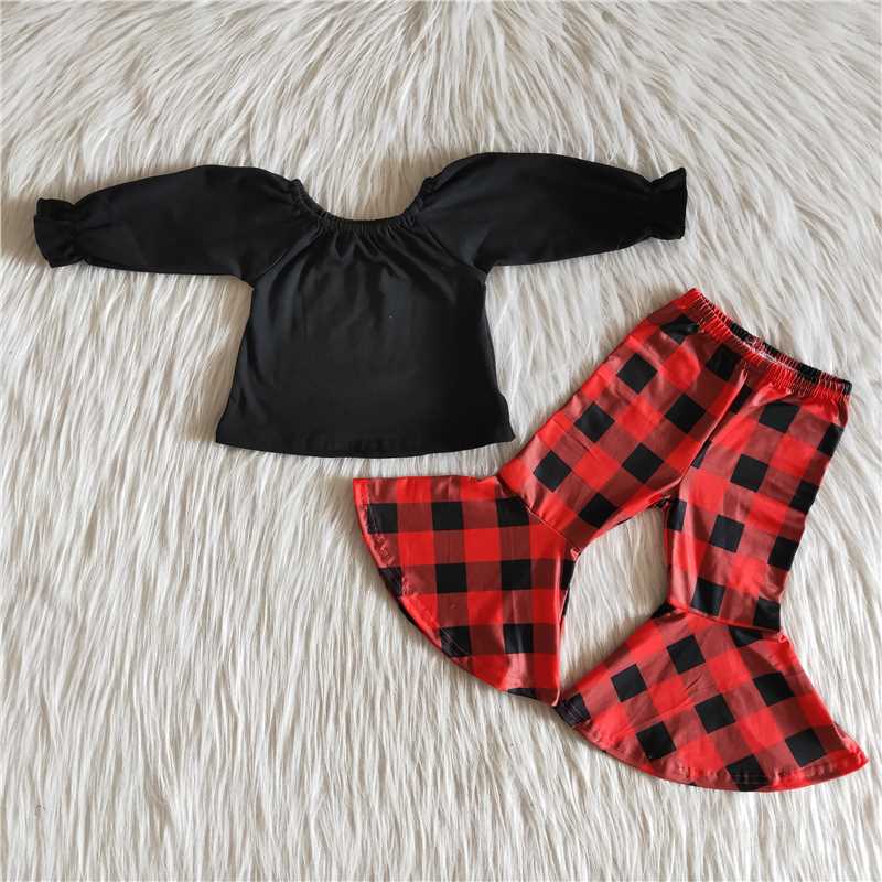 6 A15-13 Girls black top red plaid pants suit