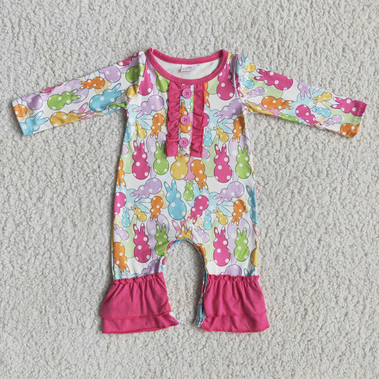 6 A19-18 Three Rabbits Pink Long Sleeve Rompers
