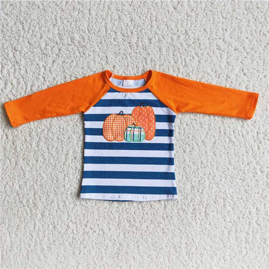 6 A19-29 Boys Orange Pumpkin Blue and White Striped Top