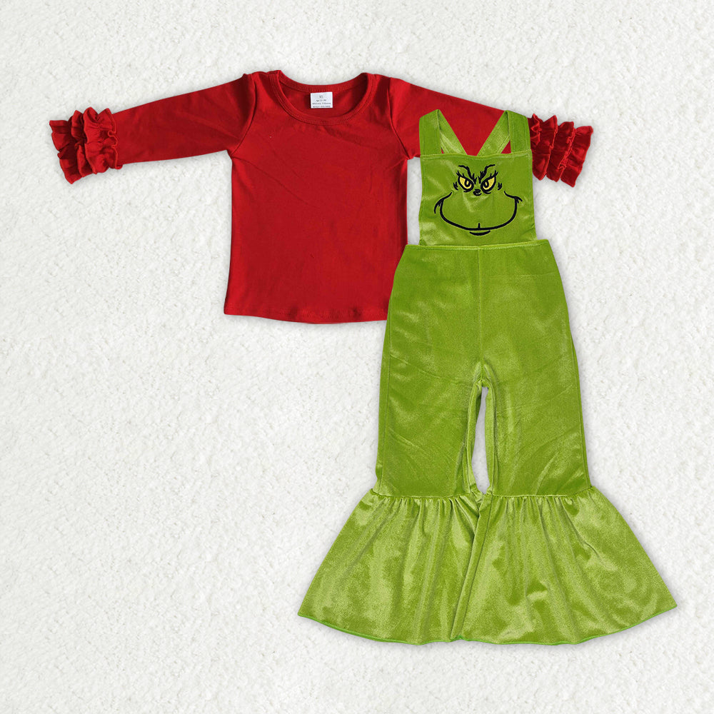 RTS NO MOQ ETA 5/7days Arrived 6 A2-1+SR2013 Red long-sleeved lace top Grinch embroidered smiley green gold velvet suspender jumpsuit sets