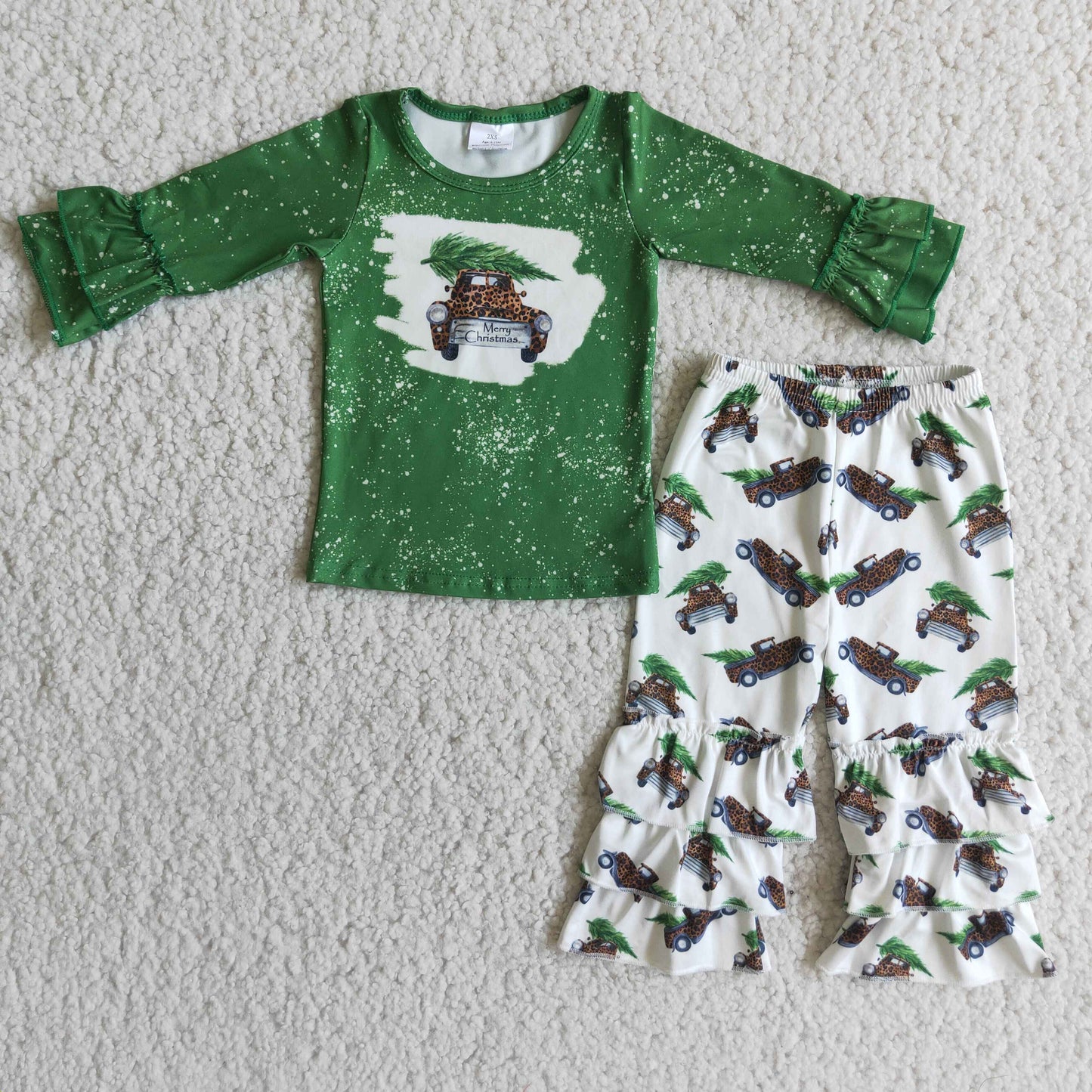 RTS NO MOQ ETA 5/7days Arrived 6 A20-18 Christmas tree truck green long sleeve top ruffled pants suit