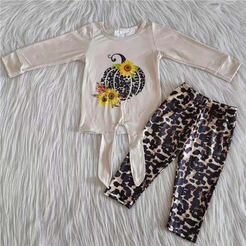 6 A23-29 Leopard Print Pumpkin Flower Long Sleeve Top Leopard Print Pants Set