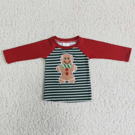 6 A24-15 gingerbread boys green striped long sleeve top