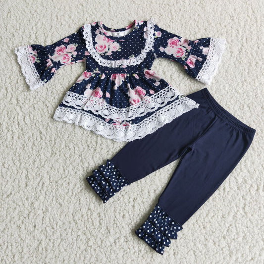 6 A24-17 White lace floral dark blue skirt and pants suit