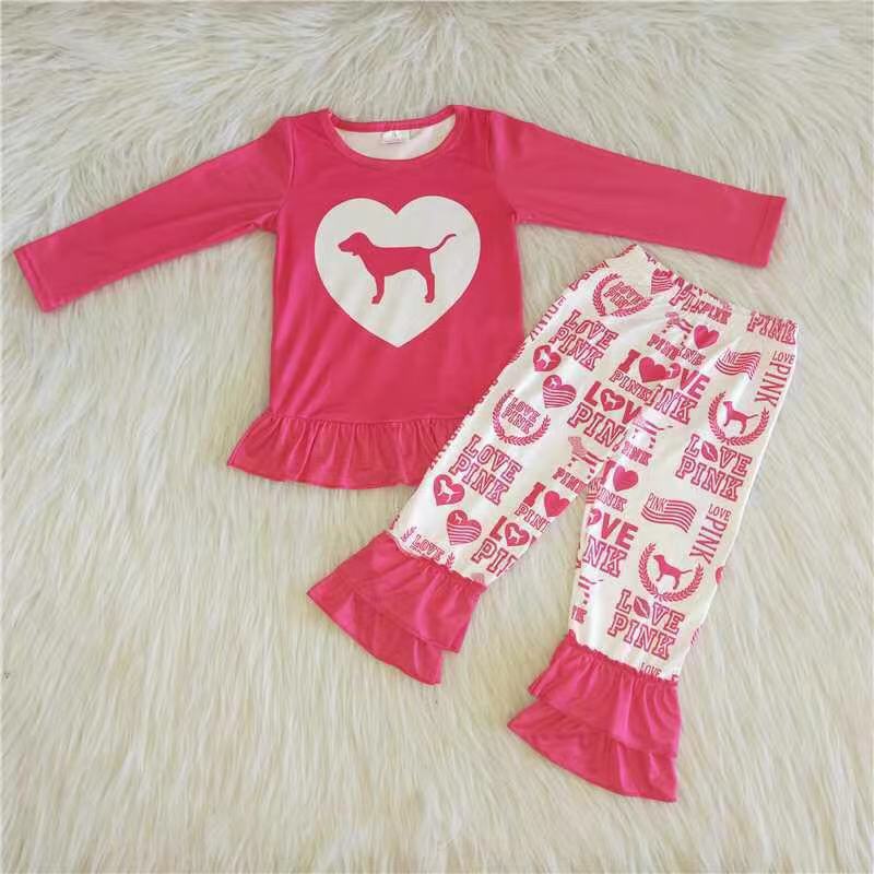 RTS NO MOQ ETA 5/7days arrived 6 A26-13 PINK rose red love puppy letter lace trousers suit