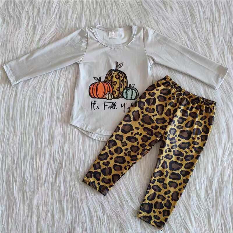 6 A26-1 Pumpkin White Gray Long Sleeve Top Leopard Print Pants