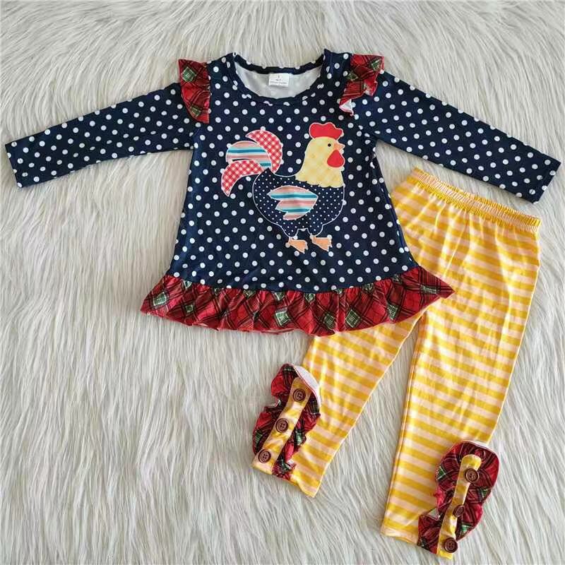 6 A28-16 Blue polka dot rooster long sleeve top striped pants