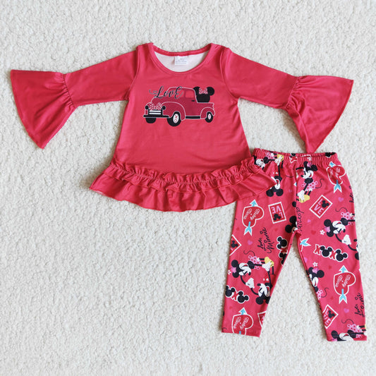 6 A29-3 Valentine's Day Mickey Truck Red Long Sleeve Pants Suit