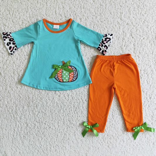 6 A3-12 Embroidered blue pumpkin top and orange pants suit