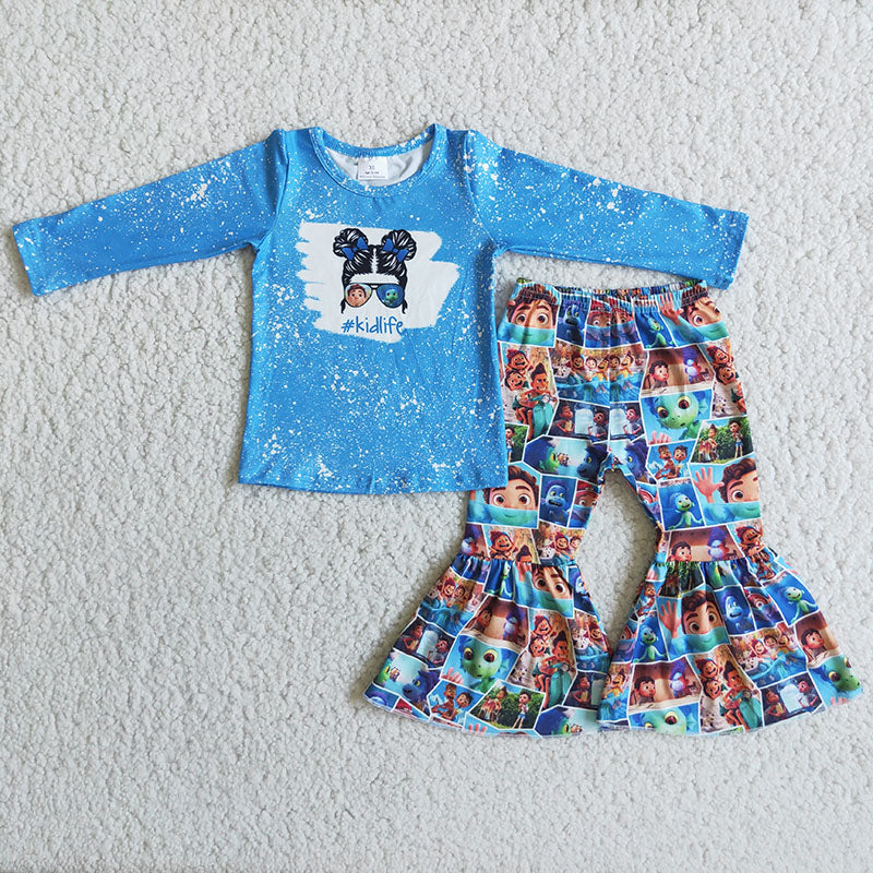 rts no moq 6 A7-3 kidlife blue long-sleeved top flared pants suit