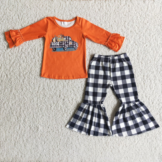 RTS NO MOQ 6 A8-29 Pumpkin Car Long Sleeve Orange Top Plaid Flared Pants Suit