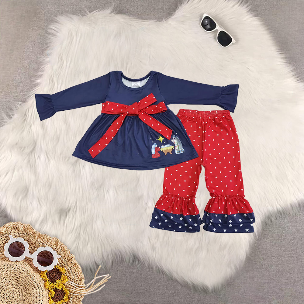 RTS NO MOQ Sibling Baby Girls Christmas trees Long Sleeve Pants Set